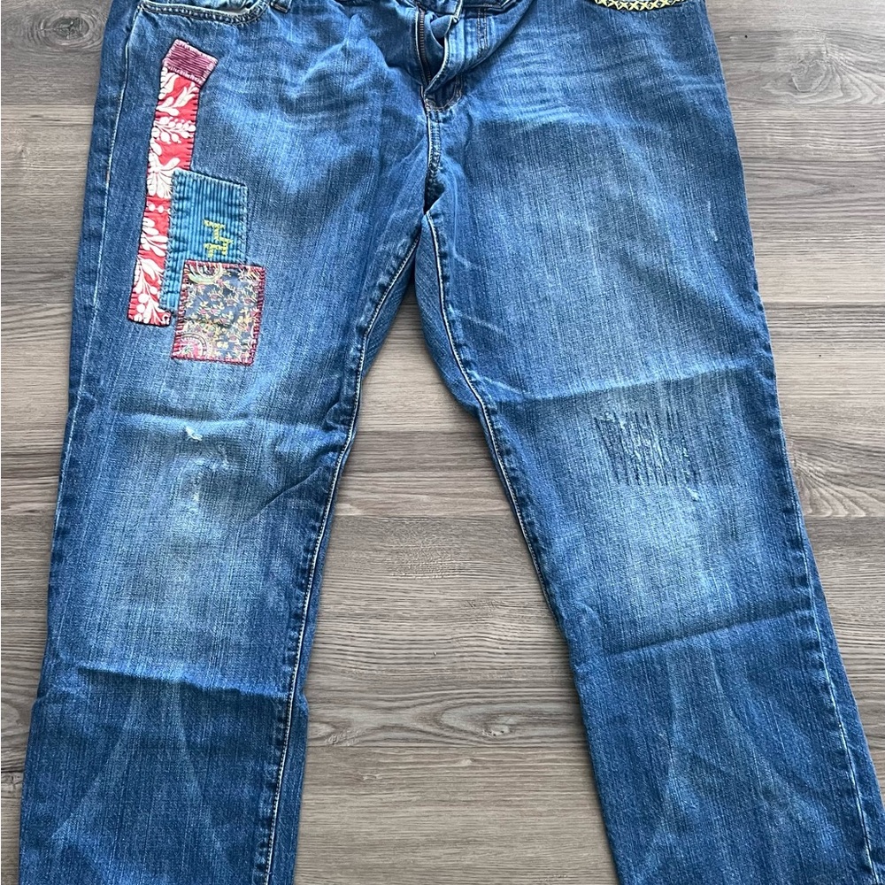 CAbi Women's Relaxed Blue Jeans with Patchwork
